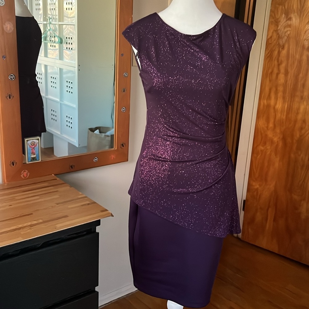 Enfocus‎ Studio Purple Sparkly Asymmetrical Ruched Cocktail Dress Size 4